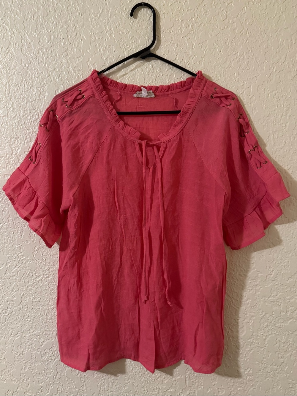 Women’s Ruffled Tie-Neck Pink Blouse with Lace-Up Shoulders
